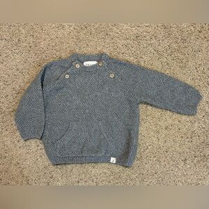 Me & Henry Gray Knit Sweater with buttons and a front pocket. Size 3-6 months.